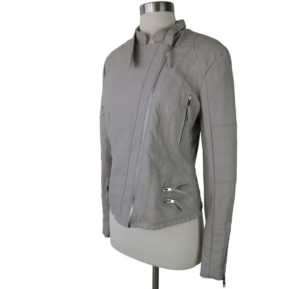 BLANKNYC Women's Tan Faux Leather Asymmetrical Moto Jacket S Vegan Quilted Tucks